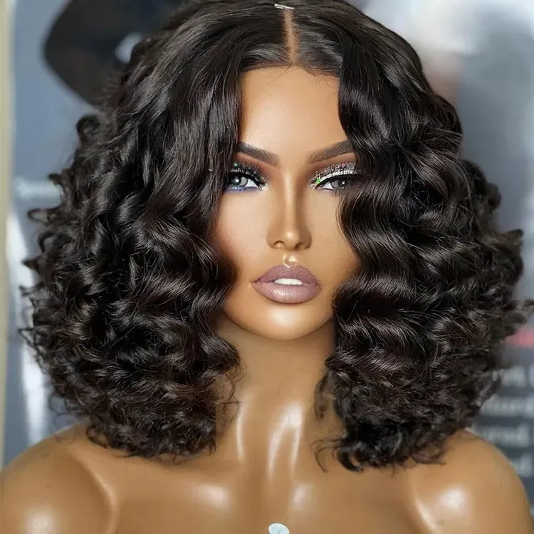 Pre High Density Bob Curly 360 Full Human Hair Glueless Lace Front Wig Cuticle aligned Curl Bob Lace Front Wig For Women Vendor