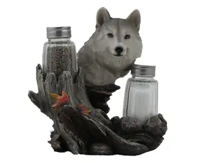 Decorative Gray Wolf Glass Salt and Pepper Shaker Set with Holder Figurine for Cabin and Rustic Lodge Restaurant Bar or Kitchen