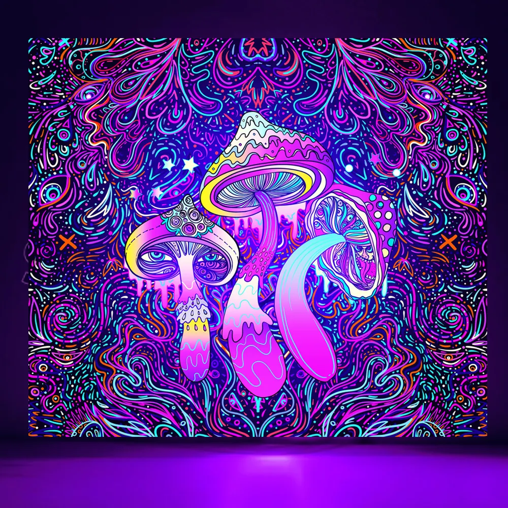 Custom Logo Mushroom Design Psychedelic UV Active Blacklight Glow In The Dark Wall Hanging Fluorescent Tapestry