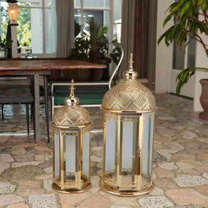 Set 2 Lentera Besi Maroko Logam Emas Tinggi Tempat Lilin Ramadan untuk Dekorasi Rumah Meja Taman Gaya Liburan Elegan - Product Image 4