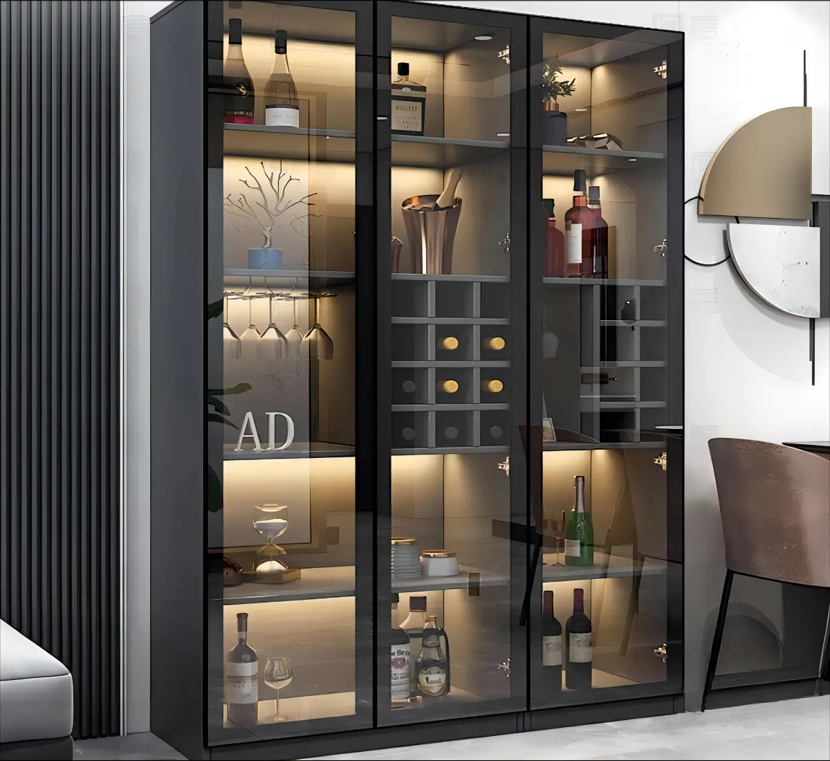 Kejia personnalisé éclairage Led haut salon maison bar vitrine luxe moderne en acier inoxydable vin vitrine en verre armoires