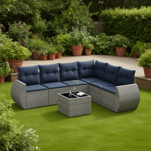 Conjunto de Sofás de Jardín de Ratán Sintético Gris Moderno, 7 Piezas, Muebles de Exterior con Cojines, Diseño Contemporáneo - Product Image 2