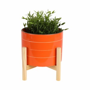 Vaso in ceramica a righe con supporto in legno, fioriera colorata per decorazioni domestiche, ingresso, patio, tavolo, giardino - Product Image 2