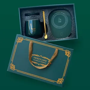 Set regalo promozionale Amazon vendita calda tazza di caffè + cucchiaio + coperchio + 55 gradi temperatura costante sottobicchiere 4 pezzi Set regalo aziendale