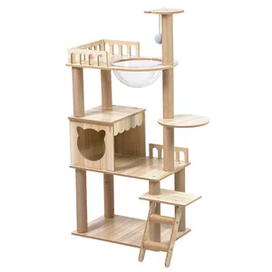 Torre de diseño de moda para gatos, marco de escalada de madera grande y alto para gatos con casa, árbol para gatos