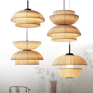 Lustre rond en tissu de style japonais et chinois, inspiré du style Wabi Sabi Zen, avec douille E27, pour salle à thé, salle à manger, salon - Product Image 1