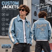 Blouson en cuir streetwear personnalisé pour homme, design patchwork, écologique, coupe-vent, respirant, bleu avec rayures sur les manches et patch étoile