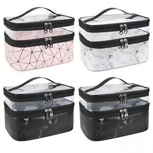 Double Layer Clear Cosmetic Bag Waterproof PVC Makeup Bag Travel <b>Toiletry</b> Organizer Portable Marble <b>Storage</b> Pouch for Women - Product Image 1