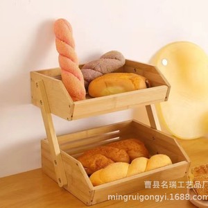 Two Tier Bamboo Bread <b>Storage</b> Rack Rectangle 2 Compartments Multifunctional <b>Kitchen</b> Countertop Organizer - Product Image 1