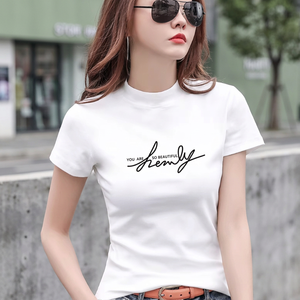 Women's White Short Sleeve <b>T</b>-<b>Shirt</b> Crew Neck Slim Fit Cotton Jersey Printed Letter Logo Casual Spring Summer Top - Product Image 3