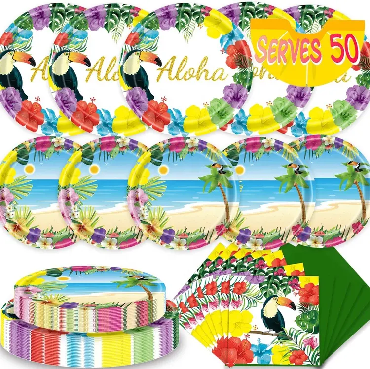 Hawaiian Party Supplies Serves 50 Aloha Tropical Party Decorations Plates Cups Napkins Summer Beach Birthday Theme Pool Party