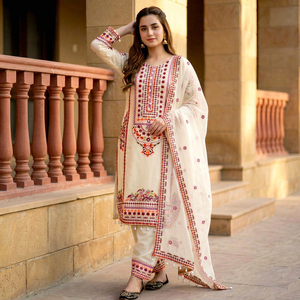 Conjunto de Salwar Kameez Tradicional Pakistaní Bordado con Hilos Florales, Túnica y Dupatta Transparente para Bodas y Fiestas - Product Image 1