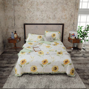 Parure de lit quatre pièces en fibre de polyester 100 % motif tournesol simple, draps imprimés floraux verts pour chambre à coucher - Product Image 2