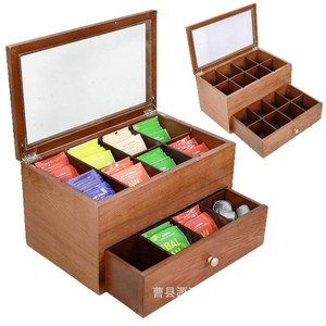 Wooden Tea <b>Storage</b> <b>Box</b> 13x7.81x7.09 Inch Double Layer With <b>Drawer</b> Compartmentalized For Tea Coffee Bags - Product Image 2