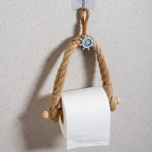 Portarrollos de papel higiénico de madera estilo mediterráneo, sin taladro, tipo gancho, estante de almacenamiento para baño - Product Image 3