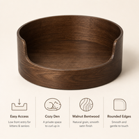 Lit pour chat rond en noyer, en bois courbé, avec entrée frontale basse, maisonnette confortable en forme de baril pour chats d'intérieur, avec coussin en peluche, style moderne