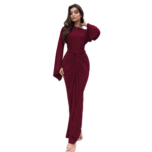 Robe longue à manches longues plissée à la taille avec ceinture pour <span class=keywords><strong>femme</strong></span>, style décontracté et formel, pour tous les jours - Product Image 1