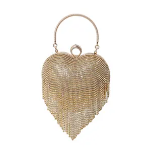 Factory low MOQ tassel heart-shaped fashionable woman rhinestone evening bag elegant women's shiny luxury diamond handbag
