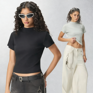 Camiseta Interior de Manga Corta para <span class=keywords><strong>Mujer</strong></span>, Estilo Europeo Americano, 260G, Algodón Transpirable, Cuello Alto, Elástica, Y2K - Product Image 2