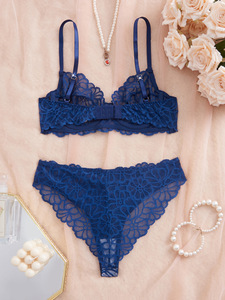 Blue Floral Lace Womens Intimates <b>Sexy</b> Lingerie <b>Set</b> Sheer Mesh Underwire Bra and Thong <b>Set</b> Elegant Womens Bra <b>Set</b> OEM ODM - Product Image 3