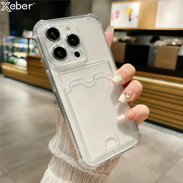 Luxury Shockproof Card Holder Transparent Phone Case for iPhone 16 14 11 12 13 15 Pro Max Plus X Clear Silicone Protection Cover