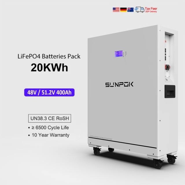 Sunpok ESS 48V/51.2V LiFePO4 400Ah 20KWh Stackable Lithium Ion Battery Pack for Home Energy Storage
