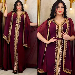 2023 vente chaude Styles deux pièces ensemble col en v dentelle mousseline de soie Abaya avant ouvert pour les femmes robe musulmane Abaya