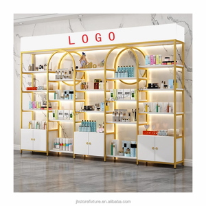 Fashion concept cosmetic shelves gold retail store cosmetic display rack with cabinet for shop customize logo size