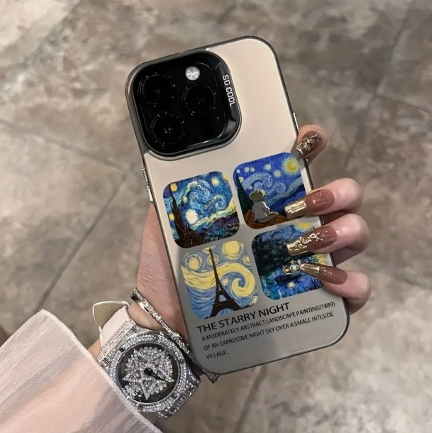 New Van Gogh Oil Painting Color Silver Mobile Phone case for iPhone 16 15 Pro Max 14 13 12 11 IMD Transparent Shockproof Cover