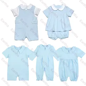 Set pakaian anak laki-laki, musim semi anak-anak pakaian peter pan kerah biru rajut bayi laki-laki Set popok monogram balita laki-laki