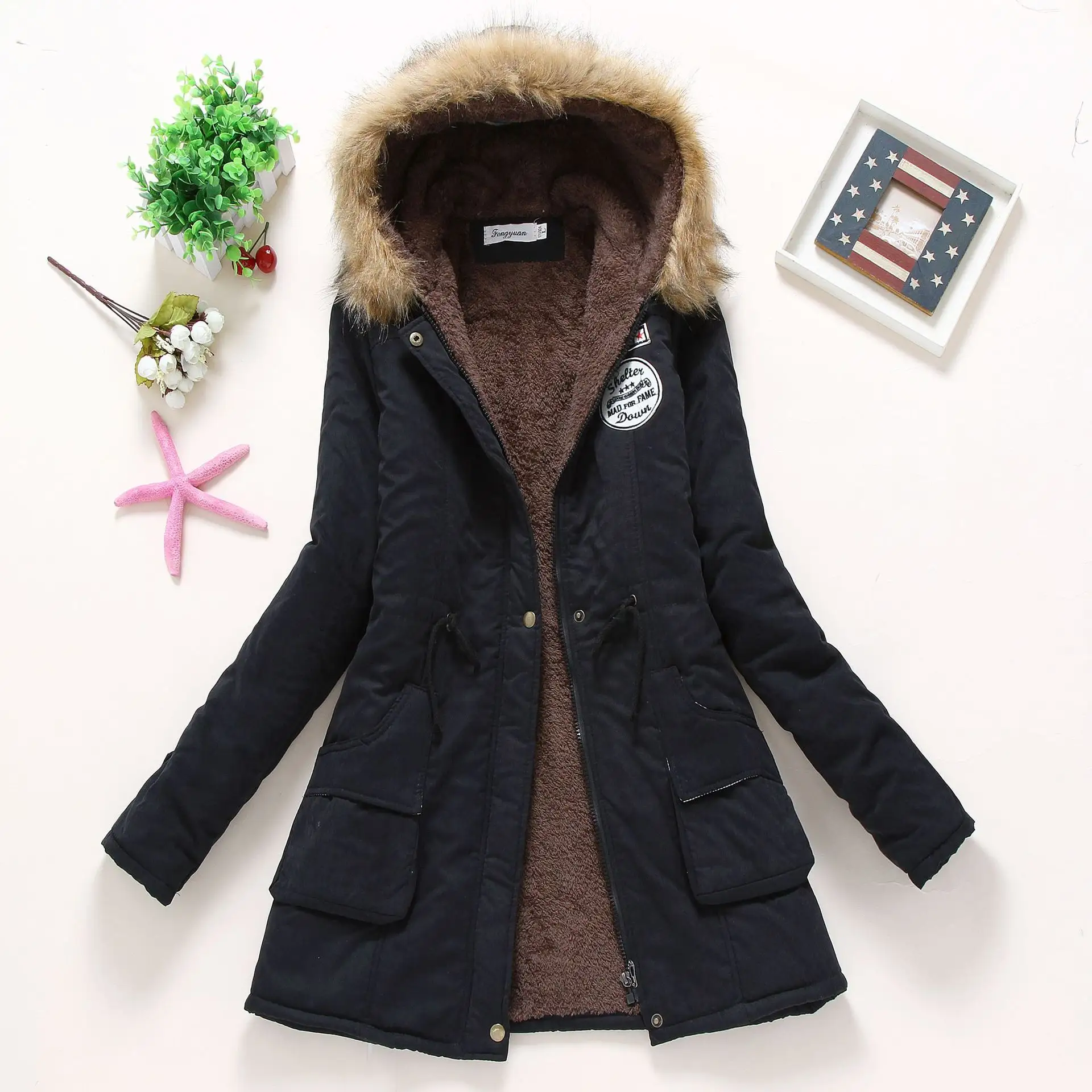 Women Coat Wholesale Long Sleeve lambswool Cotton Fur Hooded Ladies Warm Top Coat Winter Solid Colors Women jacket