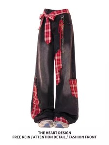 <span class=keywords><strong>Jean</strong></span> vintage rétro taille haute ample à jambe large pour <span class=keywords><strong>femme</strong></span>, couleur unie, avec nœud <span class=keywords><strong>noir</strong></span> et sangle, style streetwear, nouvelle collection automne - Product Image 2