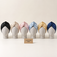 Bonnet de nuit en soie de mûrier torsadé avec nœud, turban en satin, bande élastique froncée, 6 couleurs, vente en gros, logo personnalisé, OEM, ODM
