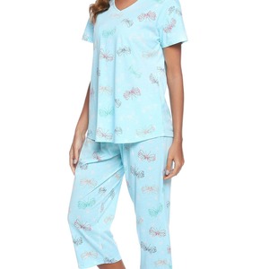Women's Short Sleeve Capri Pajama Set <b>Knitted</b> Cotton Plus Size Sleepwear Loungewear Blue Butterfly Pink Cat Gray Coffee <b>Pattern</b> - Product Image 2