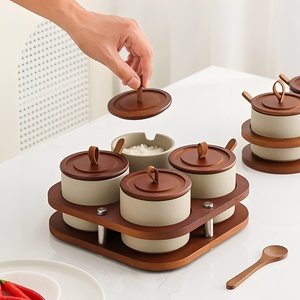 Juego de recipientes de cerámica para especias con tapa de madera y cuchara, estante de dos niveles para sal, azúcar y condimentos, para encimera de cocina. - Product Image 2