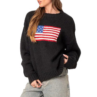 Pull tricoté décontracté pour femme, personnalisé, motif drapeau américain en intarsia, 100 % coton, col rond, vente en gros