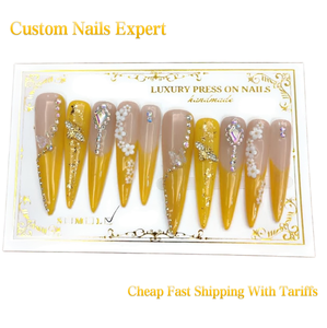 <span class=keywords><strong>Uñas</strong></span> Postizas Largas Stiletto, Juego <span class=keywords><strong>de</strong></span> 10 Piezas, <span class=keywords><strong>Uñas</strong></span> Acrílicas <span class=keywords><strong>de</strong></span> Lujo Hechas a Mano con Pedrería 3D Amarilla, Venta al por Mayor - Product Image 1