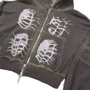 เสื้อฮู้ดผ้าฝ้าย100% โอเวอร์ไซส์สไตล์วินเทจไล่ระดับสีแอซิดปักลายซิป - Product Image 2