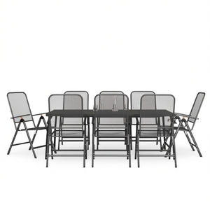 Conjunto de Comedor de Jardín de Malla Metálica Antracita para 8 Personas, Muebles Plegables para Exteriores, Diseño Contemporáneo - Product Image 1