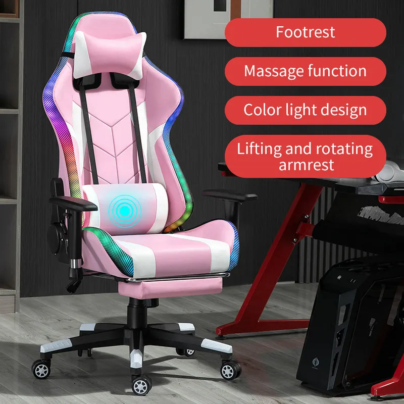 Silla de Gamer de cuero Pu con luz y altavoz, sillón de Juegos de ordenador de carreras, color rosa, Led Rgb, barato, negro y rojo
