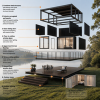 Maison conteneur de luxe à 2 étages, villa modulaire préfabriquée en bord de lac, cabane de glamping avec terrasse et porte vitrée