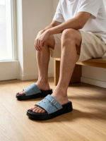 Chaussons pour hommes à plateforme, double boucle, en similicuir PU, à semelle épaisse, à bout ouvert, décontractés, antidérapants, respirants, pour l'été, intérieur, extérieur, plage