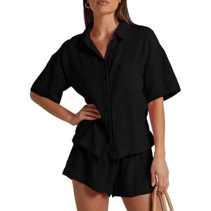 Conjunto Casual de 2 Piezas para Mujer, Camisa de Algodón con Botones y Pantalones Cortos de Gasa, Atuendo Transpirable para Primavera/Verano - Product Image 1