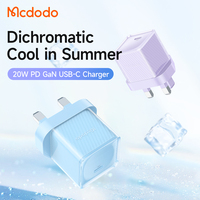 Mcdodo 376 Vente en gros Royaume-Uni Chargeur rapide PD 20W noir bleu violet pour iPhone GaN 20W Chargeur Type C Câbles PD Adaptateur secteur Chargeur