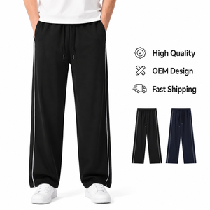Custom OEM Design <b>Pants</b> with <b>White</b> Side Stripe Contrast Piping Oversized Loose Fit Heavy Polyester Fabric Wide Leg Track <b>Pant</b> - Product Image 1