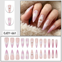 24pcs Kuku Palsu Almond Press On Pink White Ombre Dengan Bunga 3D & Rhinestone Kecil Elegan Buatan Tangan Dapat Digunakan Kembali