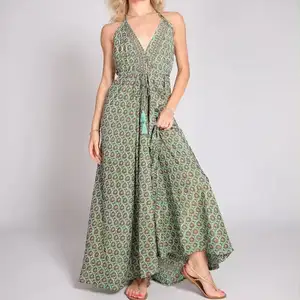 Customization Summer Bohemian Women Vacation Casual Sleeveless Jumpsuit Loose Green Long Sleeve Midi Floral Dress