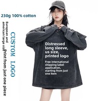 Kaos oblong unisex ukuran besar bergaya Amerika, dicuci, distressed, lengan panjang, dengan logo custom print dan bordir, model drop-shoulder, potongan longgar
