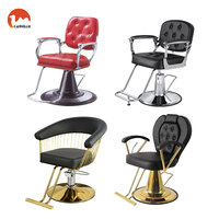 Fauteuil de Barbier Hydraulique Luxe Or et Chrome avec Revêtement en Cuir Boutonné pour Poste de Salon
