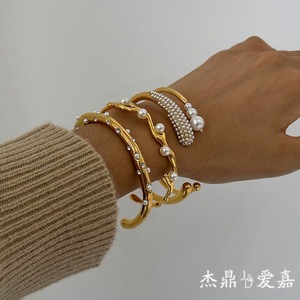 Vintage Stainless Steel 18k Gold Plated Geometric Shape Imitation Pearl Adjustable Charms Opening Cuff <b>Bangle</b> <b>Bracelets</b> Women's - Product Image 5